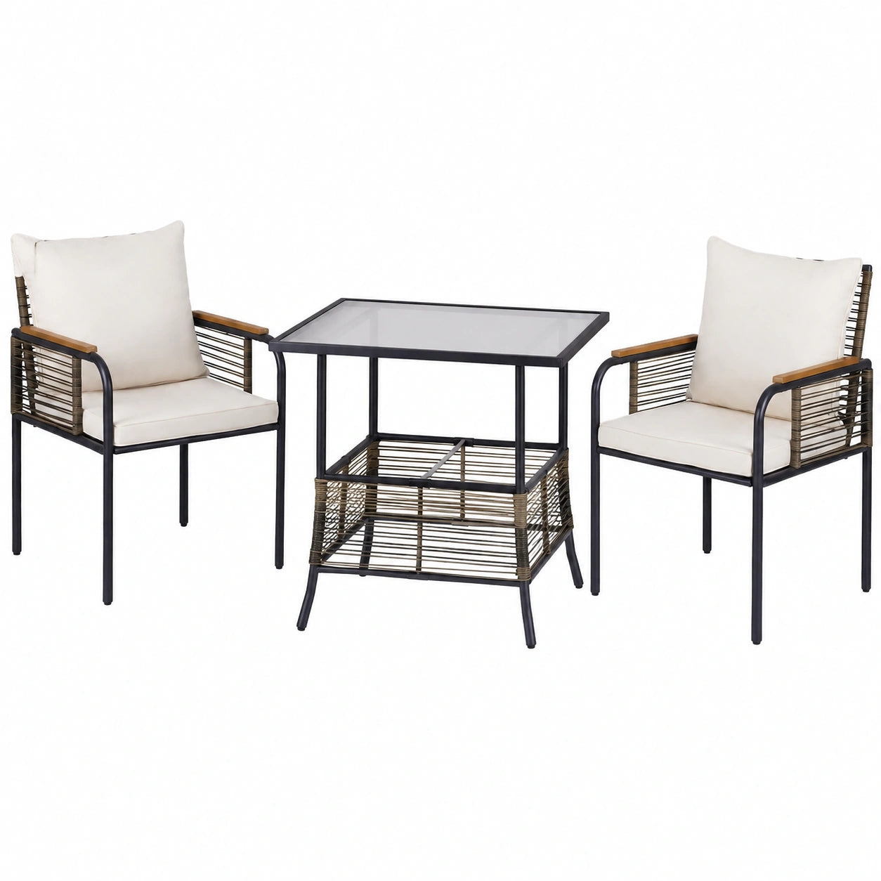 Salon de jardin, en verre trempé et résine tressée, coloris beige, 3 pièces, pour la terrasse ou le jardin