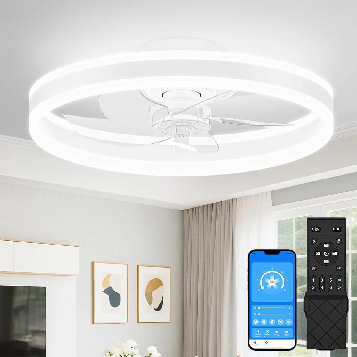 VOLISUN ventilateur de plafond 5cm, à fonctionnement silencieux, avec télécommande, coloris blanc