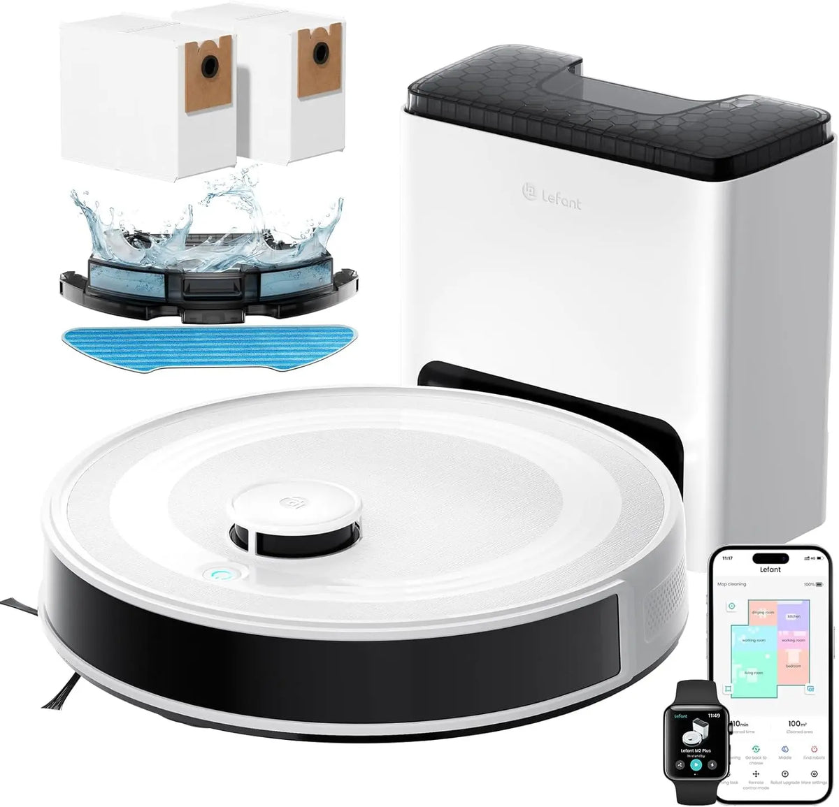 Lefant robot aspirateur laveur 6000Pa, coloris blanc