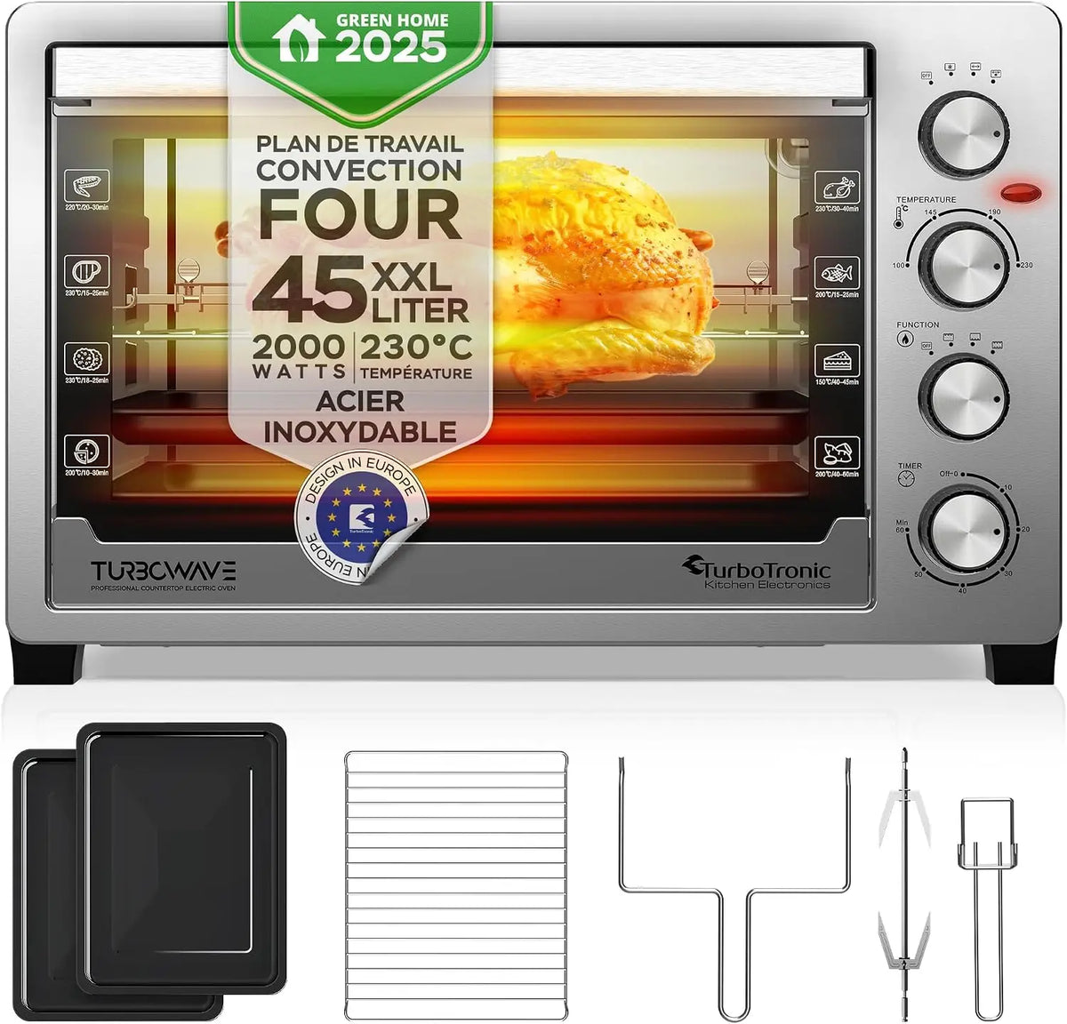 TurboTronic four électrique EVS45, capacité 45 L, puissance 2000 W, coloris argenté