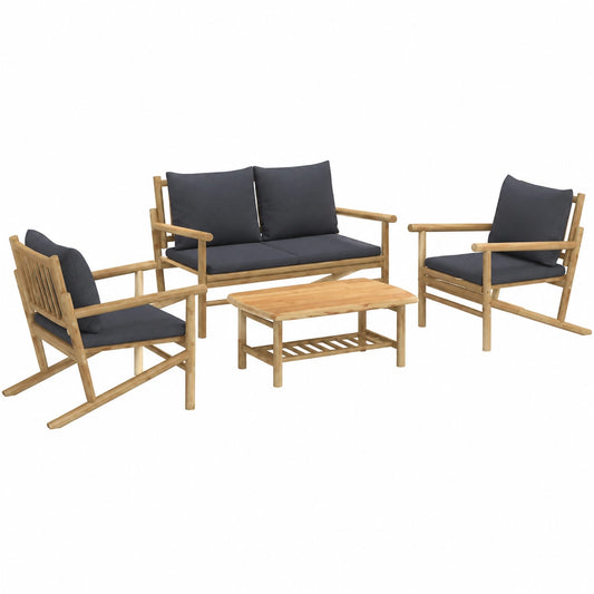 Salon de jardin, en bambou, coloris gris, 4 pièces, pour la terrasse ou le jardin
