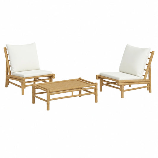 Salon de jardin, en bambou, 3 pièces, coloris blanc et crème, pour la terrasse ou le jardin