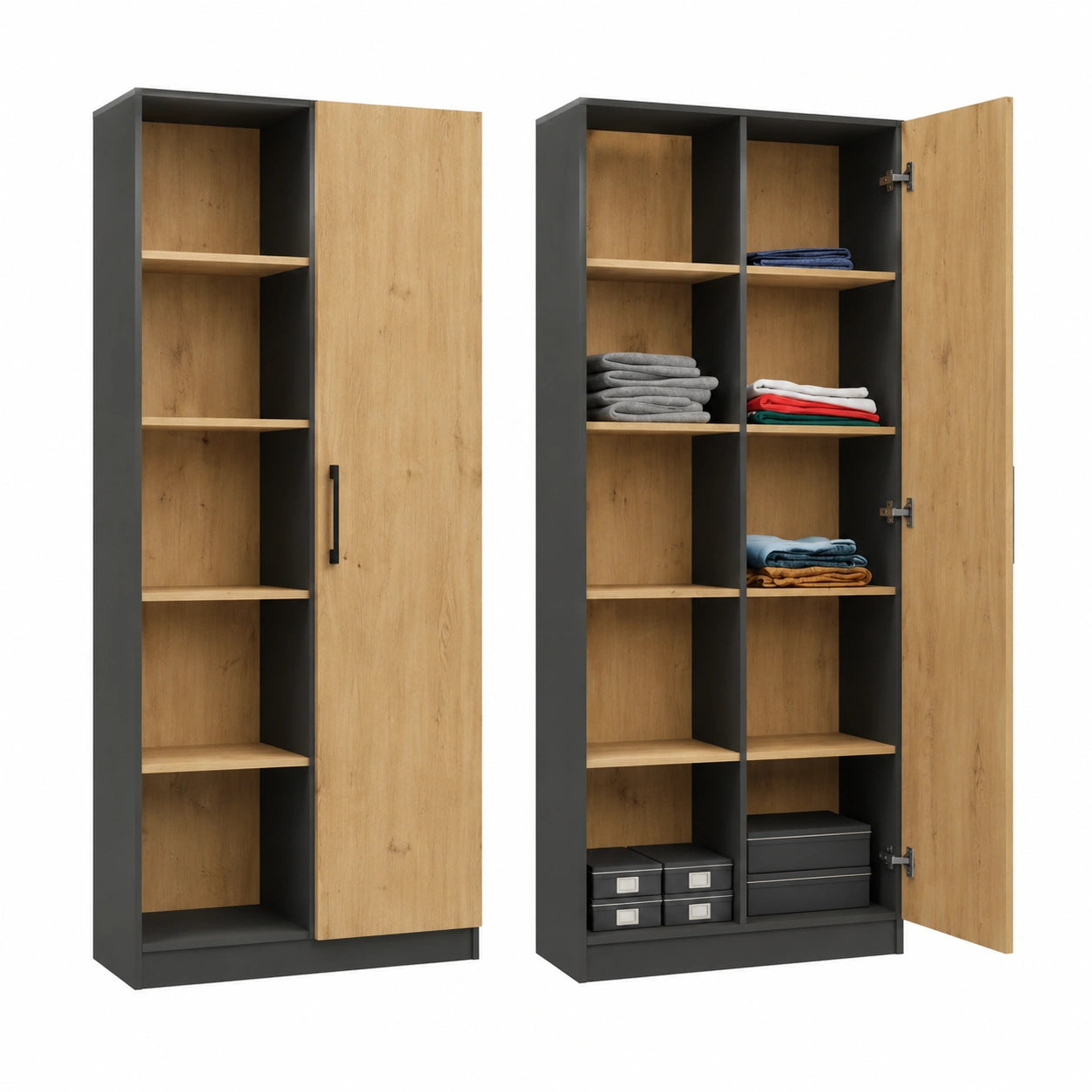 Armoire, avec rangement, avec étagères, avec portes, en chêne, 80 x 30 x 182 cm, coloris anthracite, pour la chambre
